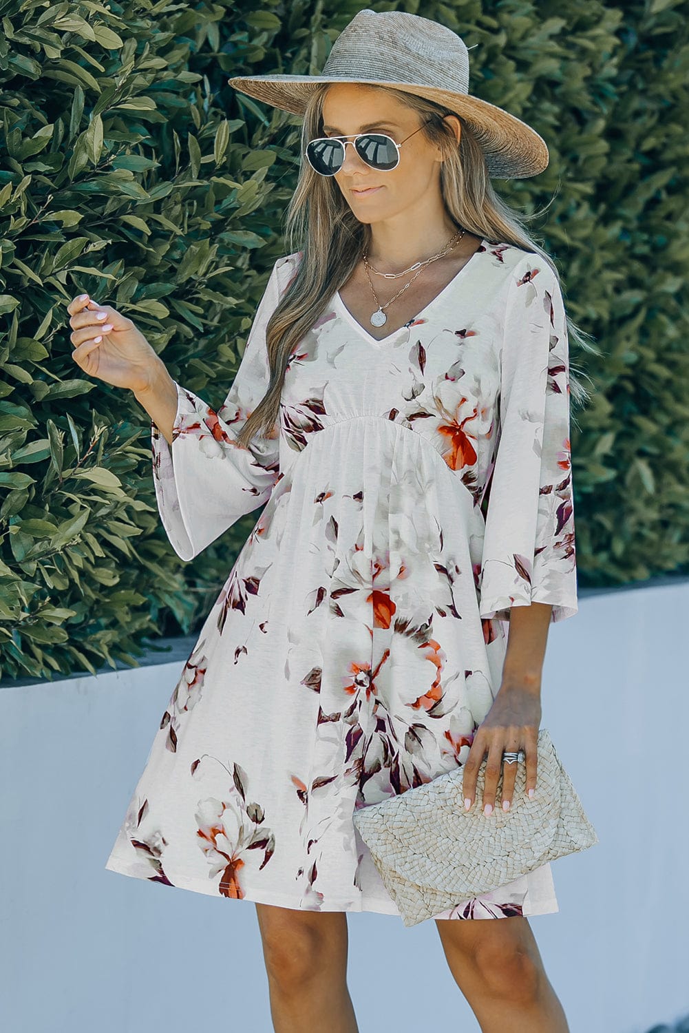White Empire Waist Summer Floral Dress with Bell Sleeves