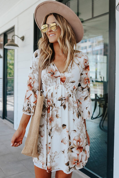 White Empire Waist Summer Floral Dress with Bell Sleeves