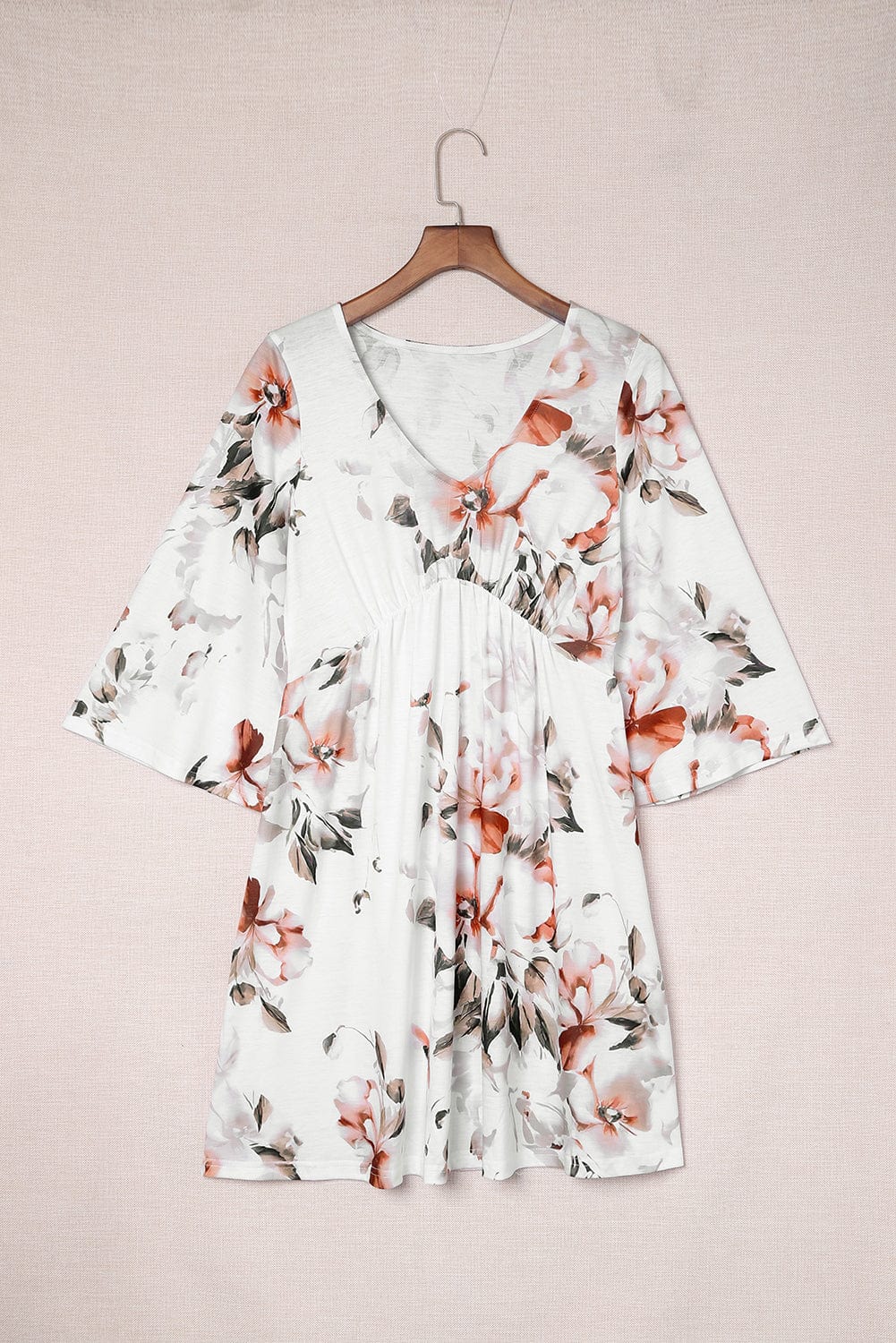 White Empire Waist Summer Floral Dress with Bell Sleeves