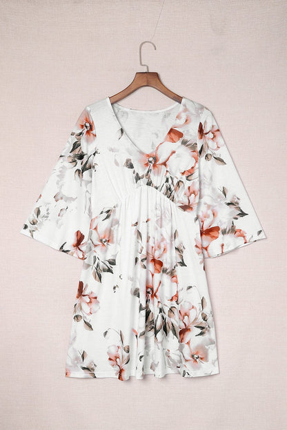 White Empire Waist Summer Floral Dress with Bell Sleeves