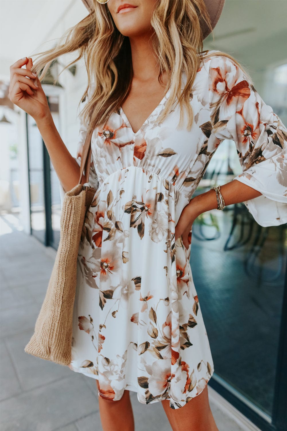 White Empire Waist Summer Floral Dress with Bell Sleeves