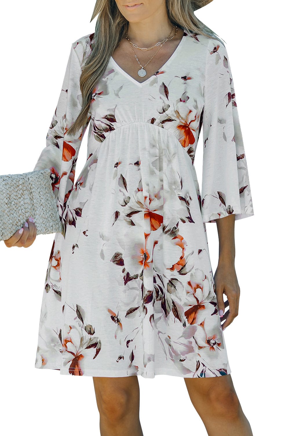 White Empire Waist Summer Floral Dress with Bell Sleeves