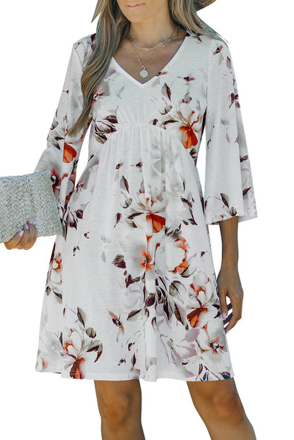 White Empire Waist Summer Floral Dress with Bell Sleeves