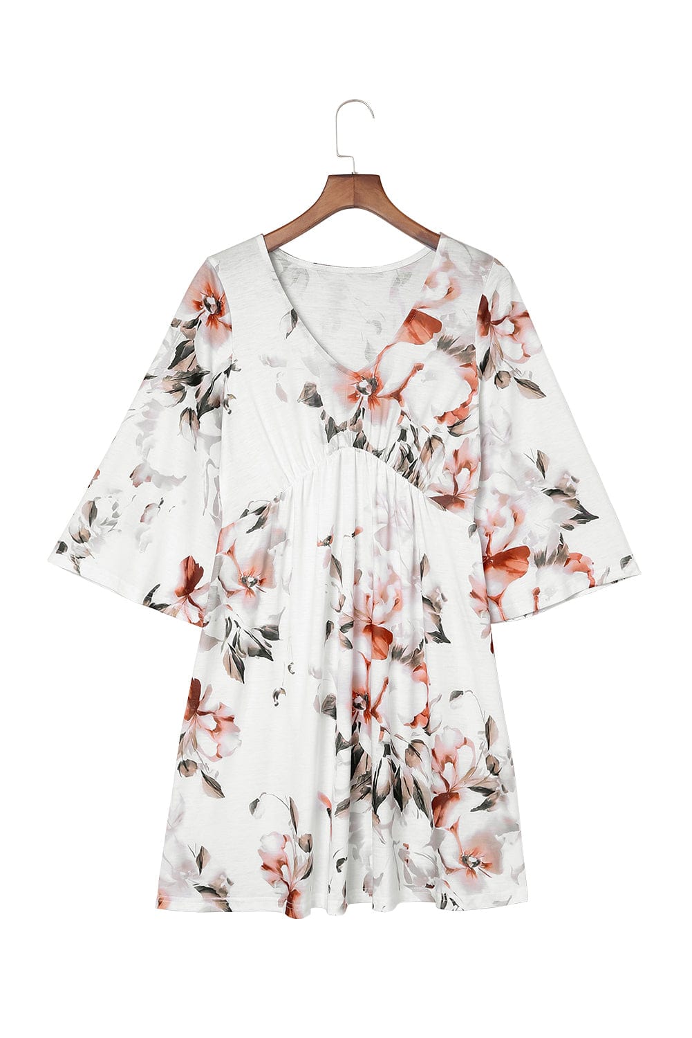 White Empire Waist Summer Floral Dress with Bell Sleeves