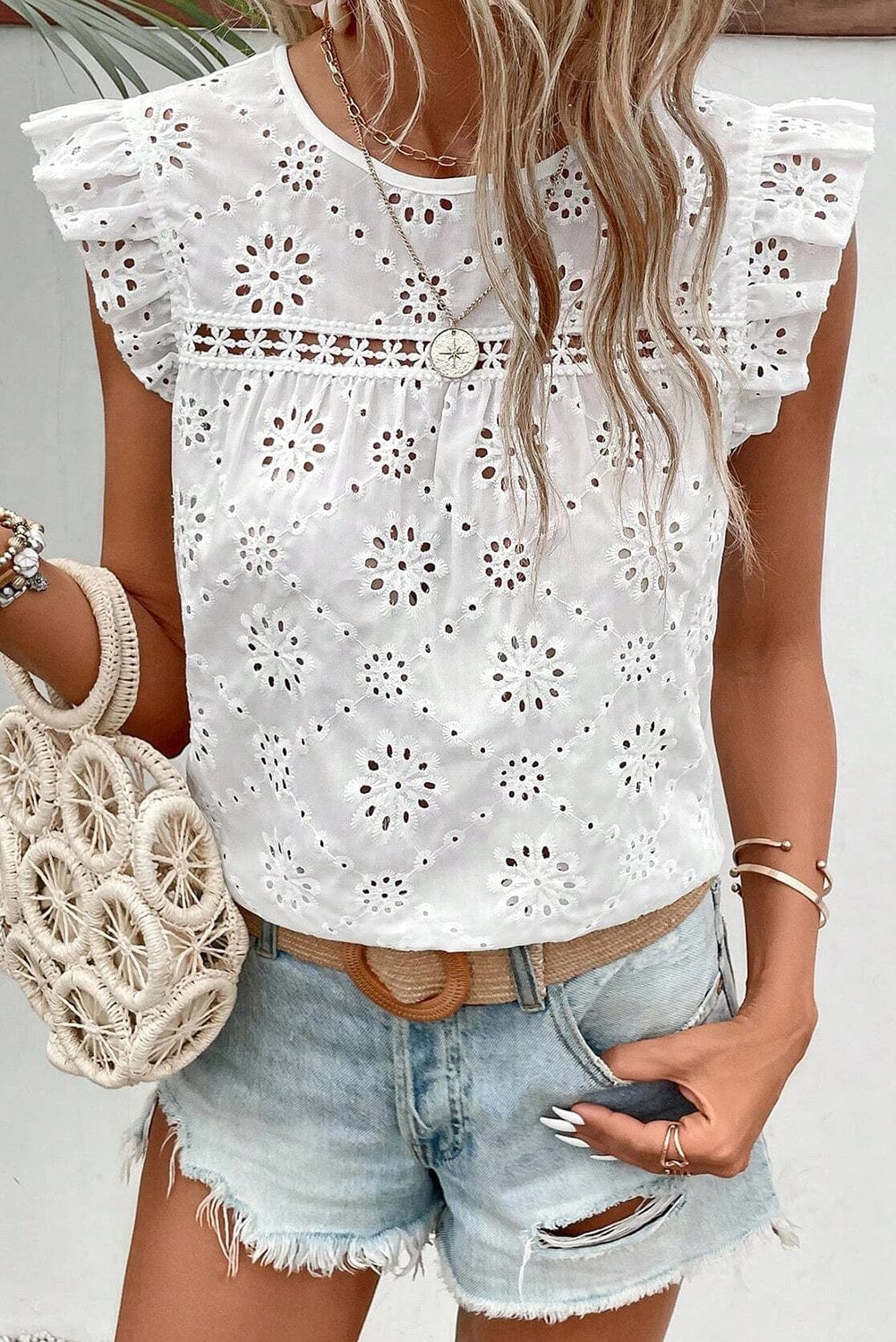 White Eyelet Embroidered Flutter Sleeve Cotton Blouse