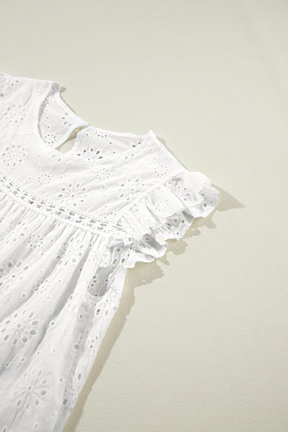 White Eyelet Embroidered Flutter Sleeve Cotton Blouse