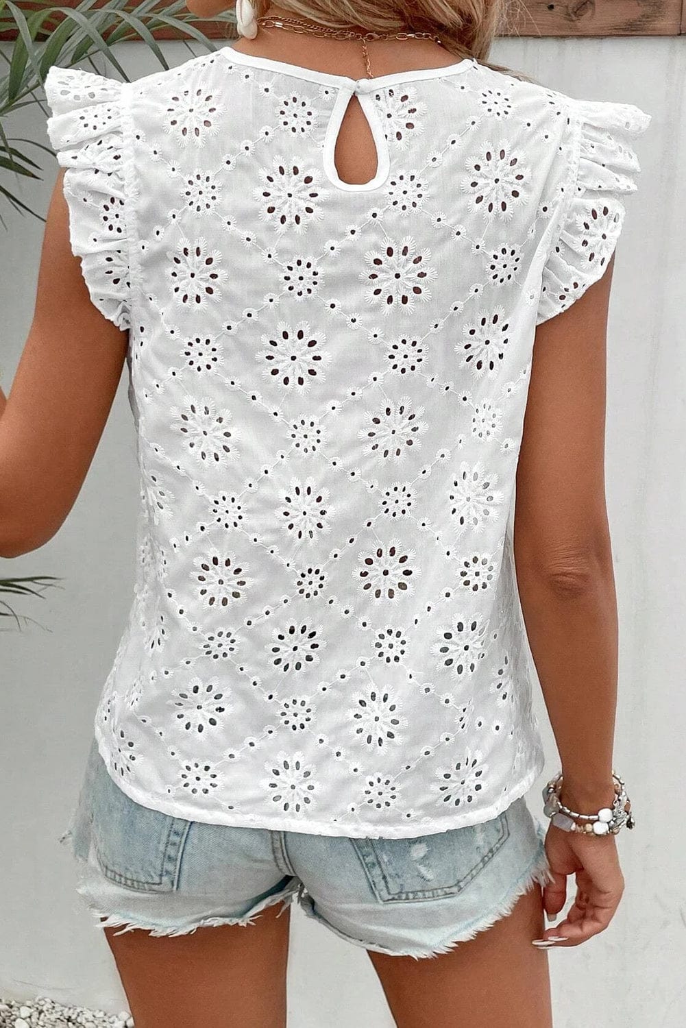 White Eyelet Embroidered Flutter Sleeve Cotton Blouse
