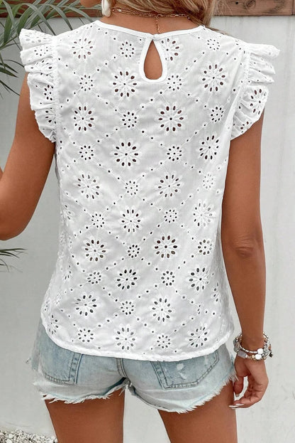 White Eyelet Embroidered Flutter Sleeve Cotton Blouse
