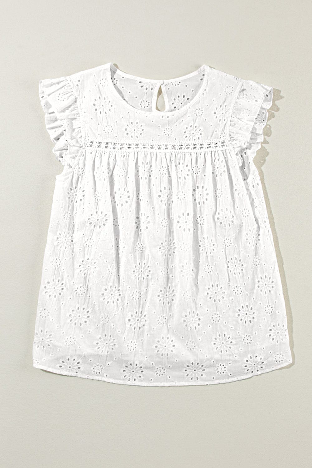 White Eyelet Embroidered Flutter Sleeve Cotton Blouse
