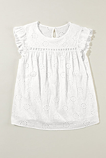 White Eyelet Embroidered Flutter Sleeve Cotton Blouse