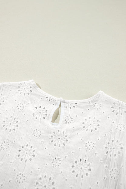 White Eyelet Embroidered Flutter Sleeve Cotton Blouse