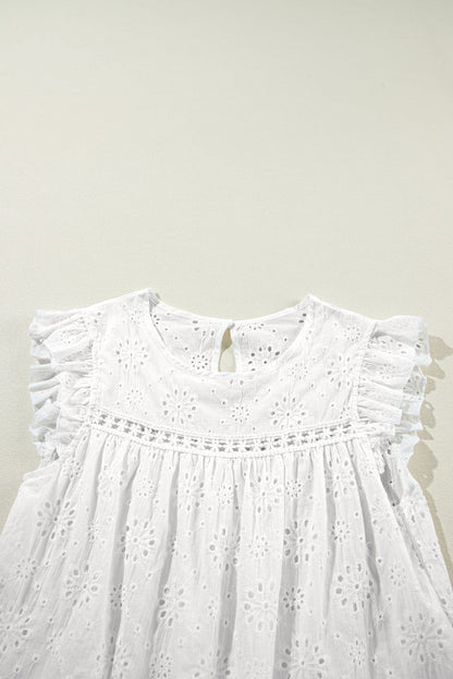 White Eyelet Embroidered Flutter Sleeve Cotton Blouse