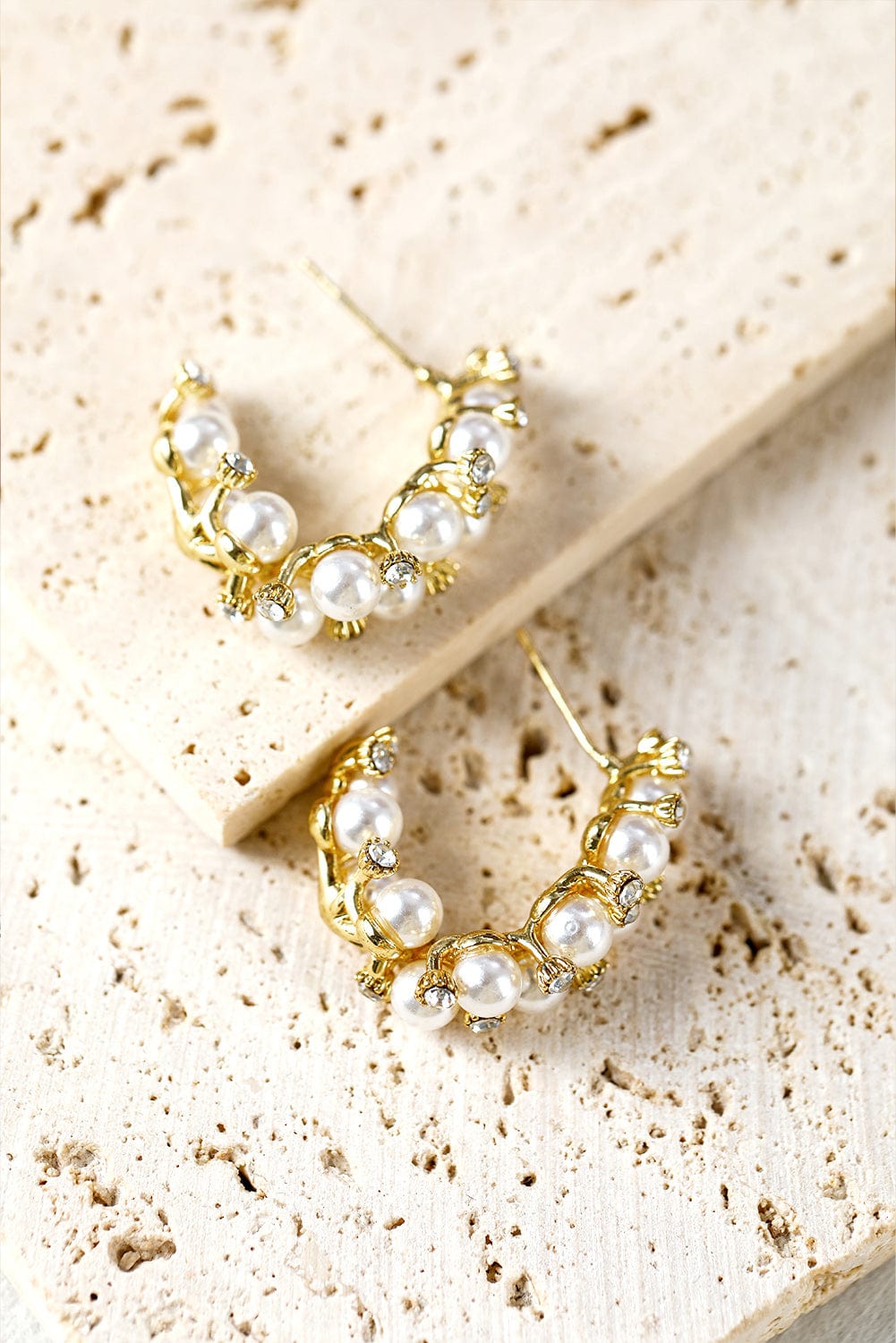 White Faux Pearl Rhinestone Hoop Earrings