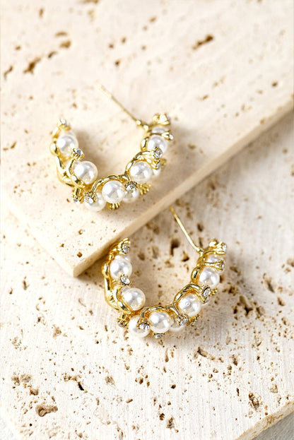 White Faux Pearl Rhinestone Hoop Earrings