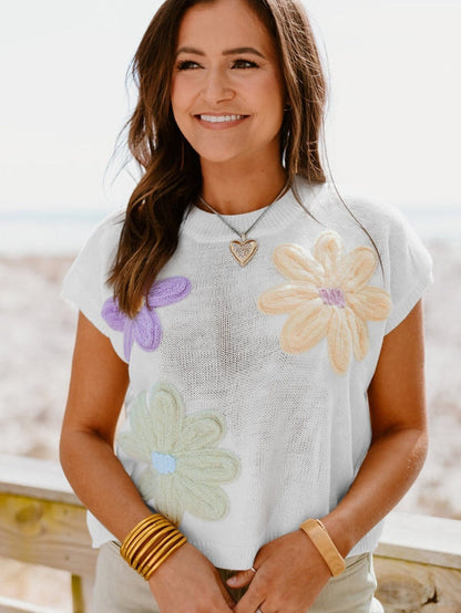 White Floral Crochet Knit Short Sleeve Sweater - Chic and Versatile