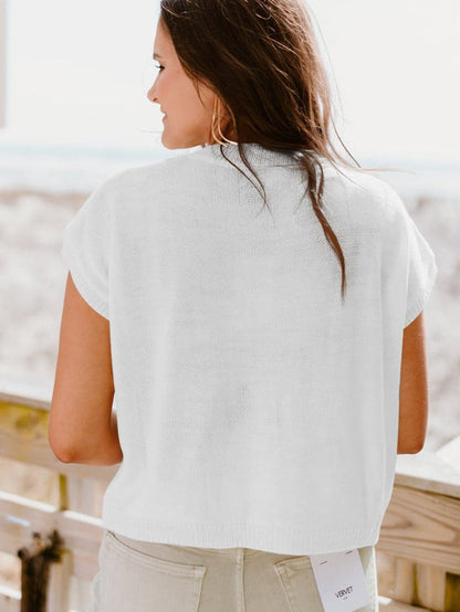 White Floral Crochet Knit Short Sleeve Sweater - Chic and Versatile