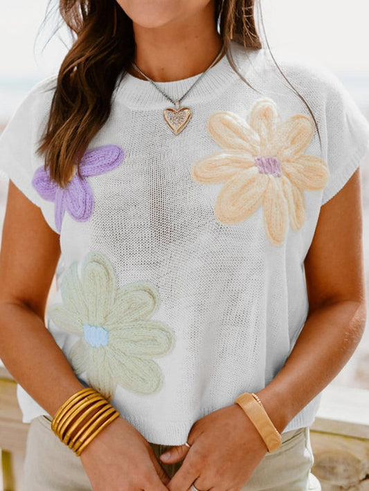 White Floral Crochet Knit Short Sleeve Sweater - Chic and Versatile