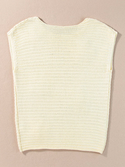 White Floral Crochet Sleeveless Knit Top with Round Neck