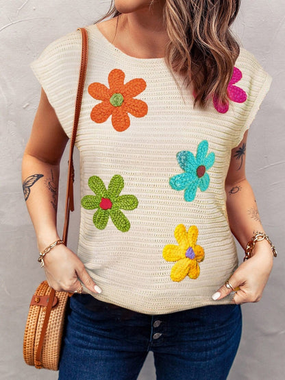 White Floral Crochet Sleeveless Knit Top with Round Neck