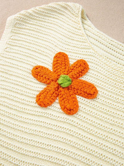 White Floral Crochet Sleeveless Knit Top with Round Neck