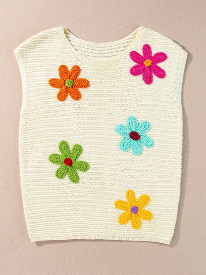 White Floral Crochet Sleeveless Knit Top with Round Neck