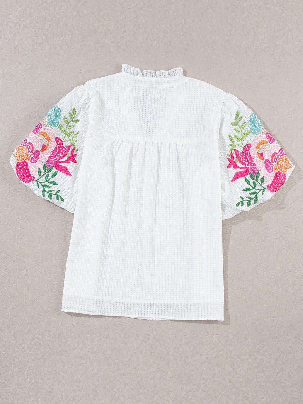 White Floral Embroidered Puff Sleeve V-Neck Mesh Detail Blouse