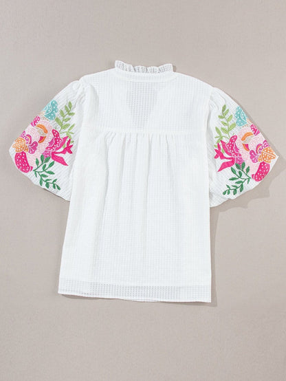 White Floral Embroidered Puff Sleeve V-Neck Mesh Detail Blouse