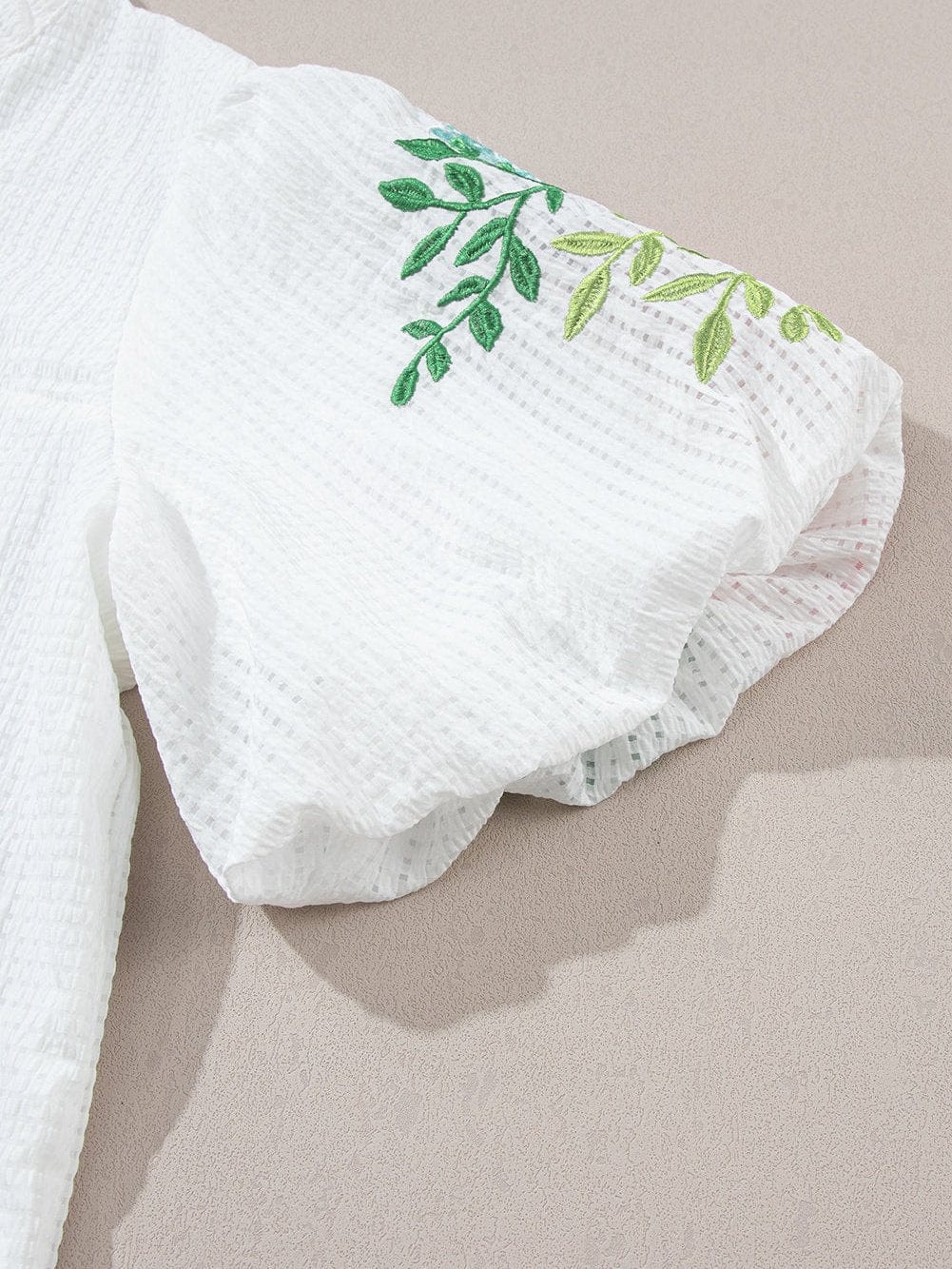 White Floral Embroidered Puff Sleeve V-Neck Mesh Detail Blouse