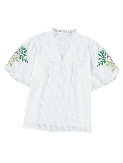 White Floral Embroidered Puff Sleeve V-Neck Mesh Detail Blouse