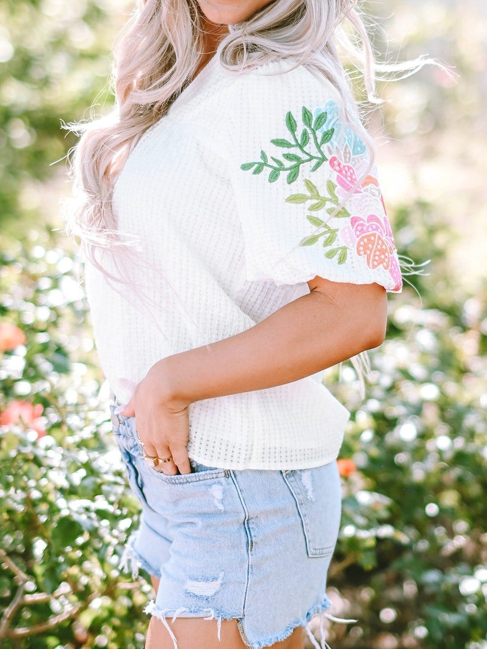 White Floral Embroidered Puff Sleeve V-Neck Mesh Detail Blouse
