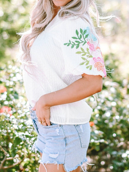 White Floral Embroidered Puff Sleeve V-Neck Mesh Detail Blouse