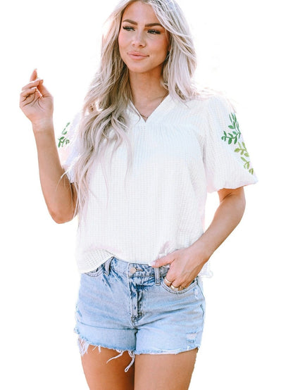 White Floral Embroidered Puff Sleeve V-Neck Mesh Detail Blouse