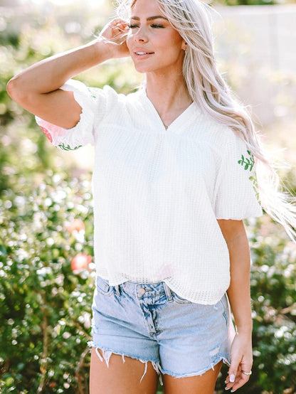 White Floral Embroidered Puff Sleeve V-Neck Mesh Detail Blouse