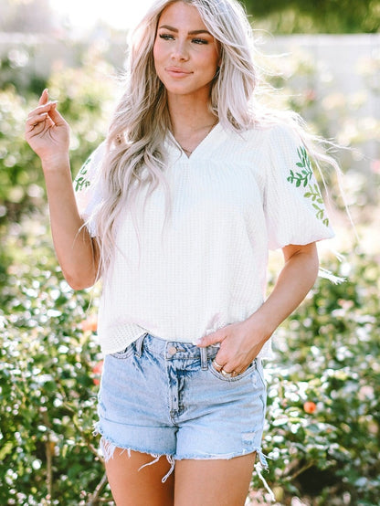 White Floral Embroidered Puff Sleeve V-Neck Mesh Detail Blouse