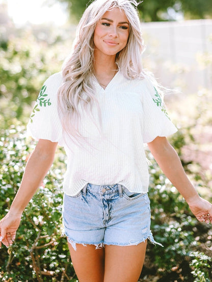 White Floral Embroidered Puff Sleeve V-Neck Mesh Detail Blouse