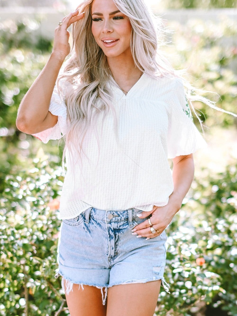 White Floral Embroidered Puff Sleeve V-Neck Mesh Detail Blouse