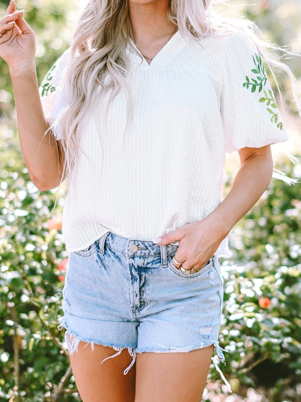 White Floral Embroidered Puff Sleeve V-Neck Mesh Detail Blouse