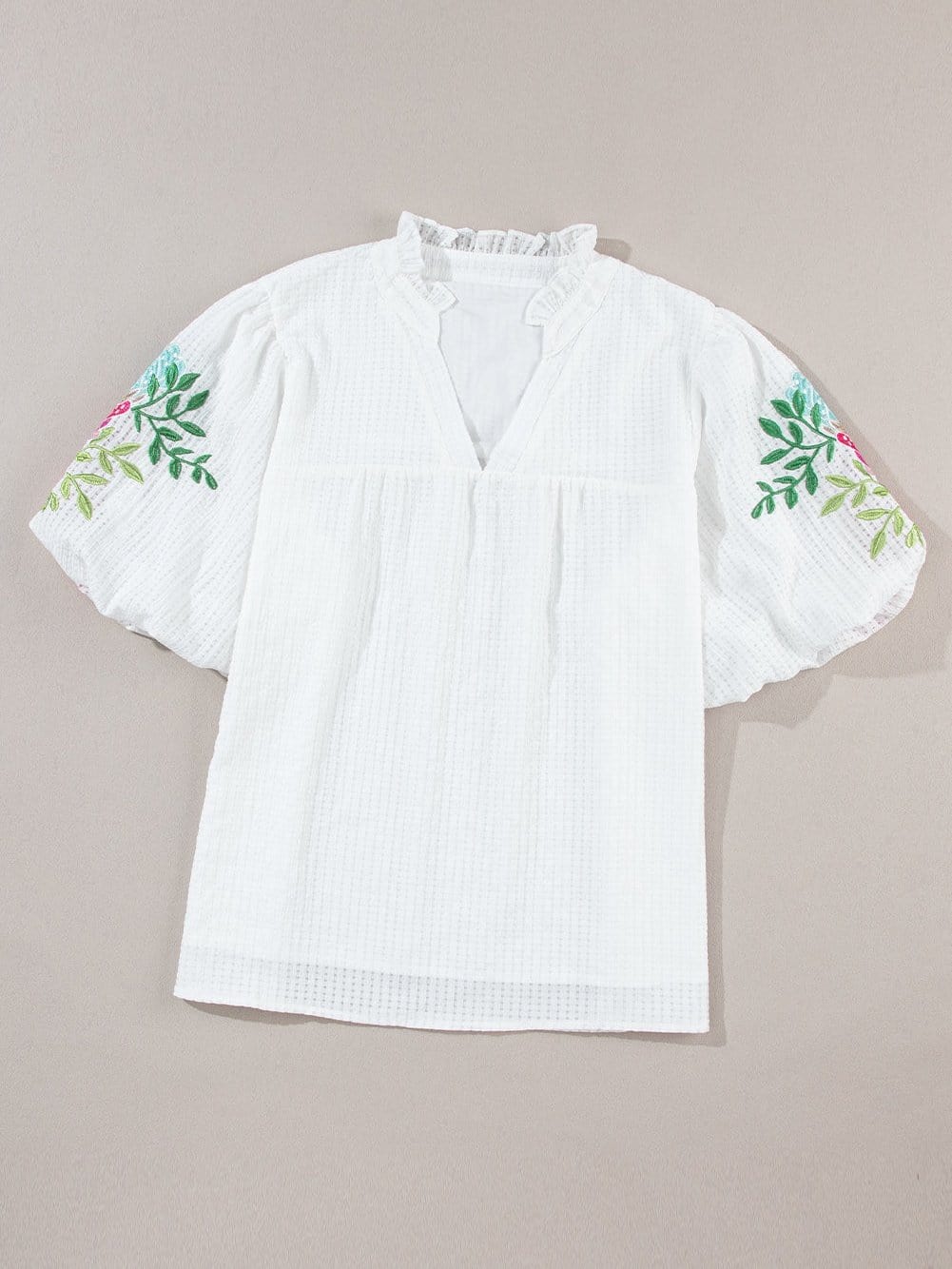 White Floral Embroidered Puff Sleeve V-Neck Mesh Detail Blouse