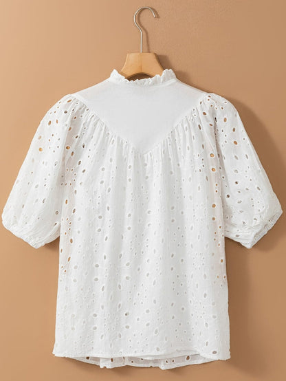 White Floral Embroidered Sheer Puff Sleeve Top
