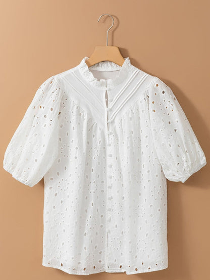 White Floral Embroidered Sheer Puff Sleeve Top