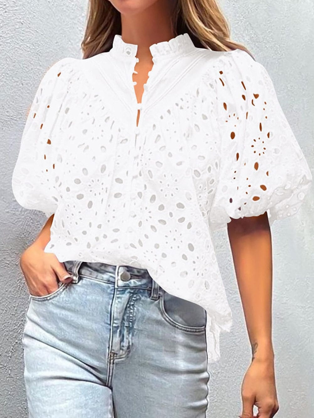White Floral Embroidered Sheer Puff Sleeve Top