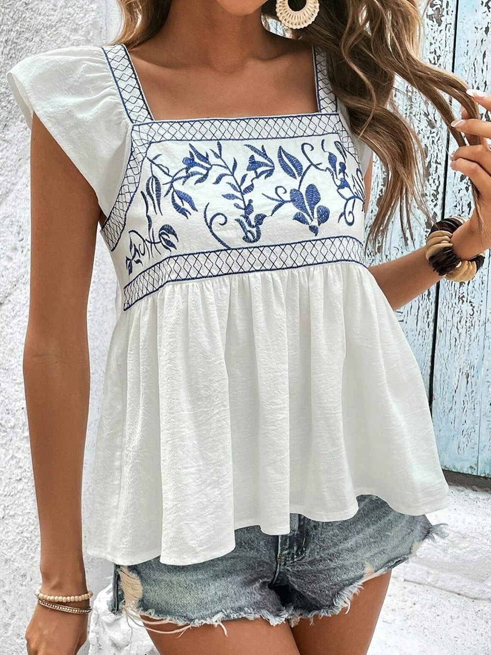 White Floral Embroidered Square Neck Peplum Top