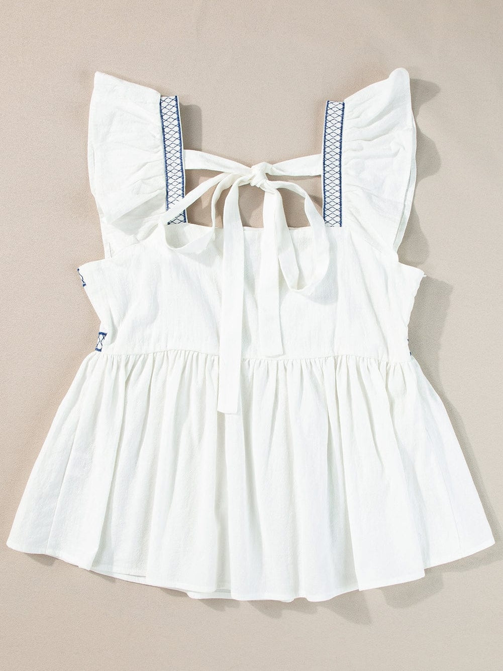 White Floral Embroidered Square Neck Peplum Top