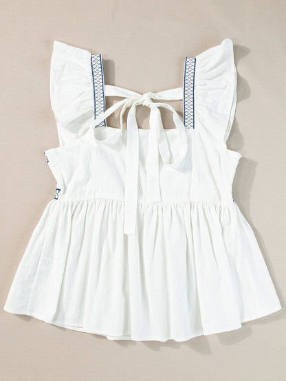 White Floral Embroidered Square Neck Peplum Top