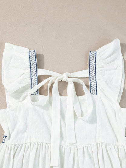 White Floral Embroidered Square Neck Peplum Top