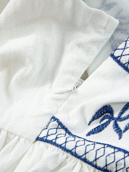 White Floral Embroidered Square Neck Peplum Top