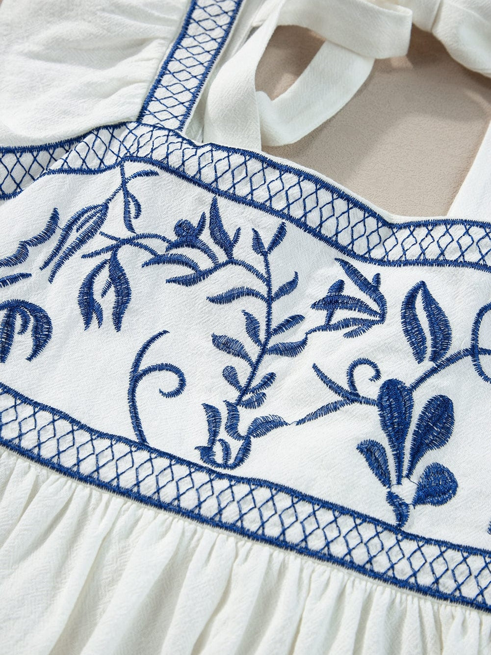 White Floral Embroidered Square Neck Peplum Top