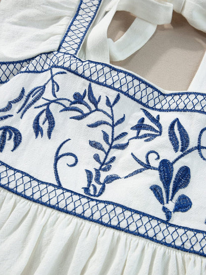 White Floral Embroidered Square Neck Peplum Top