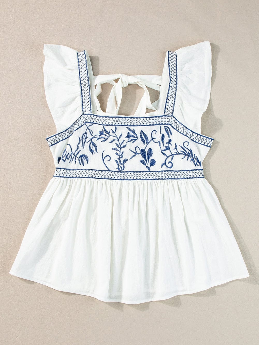 White Floral Embroidered Square Neck Peplum Top
