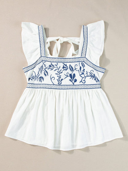 White Floral Embroidered Square Neck Peplum Top